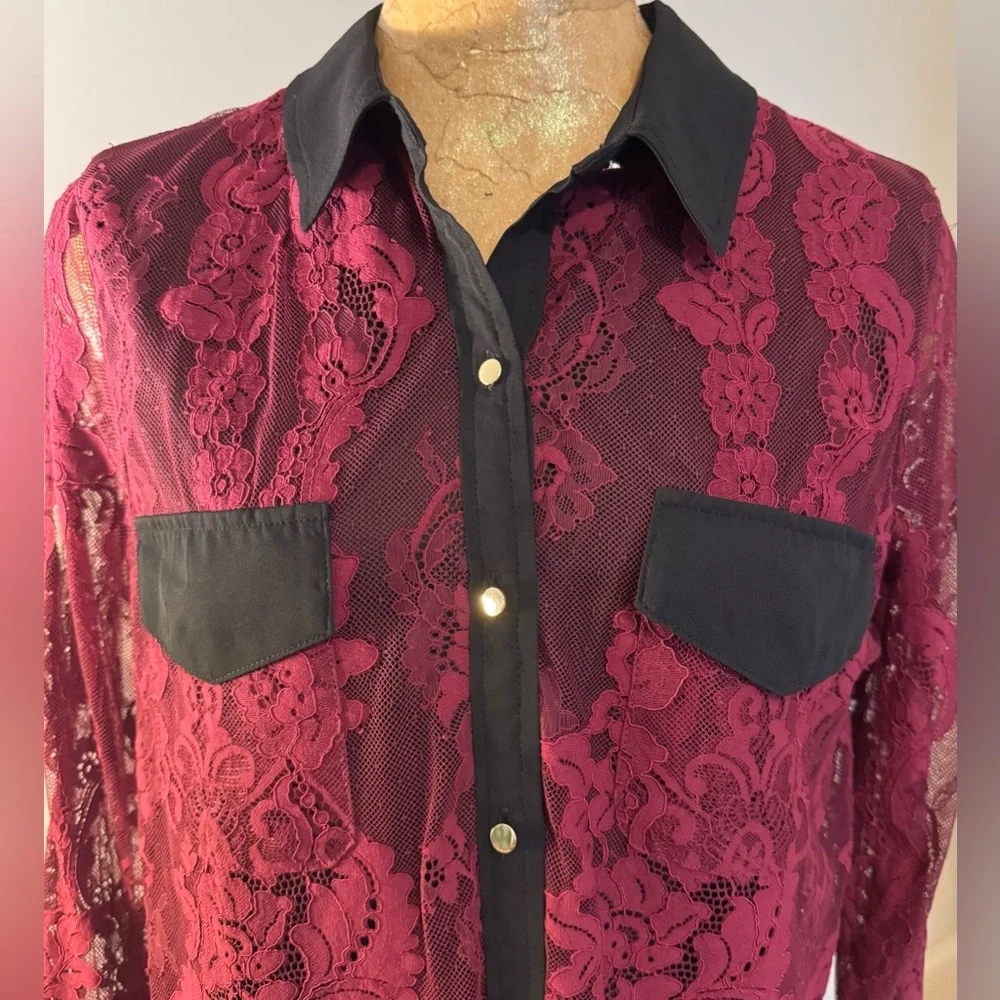 Thalia Sodi Burgundy Lace & Black Button Down Shirt - Picture 2 of 6